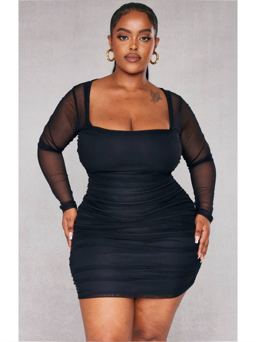 PrettyLittleThing Mesh Squareneck Ruched Bodycon Long Sleeve Mini Dress